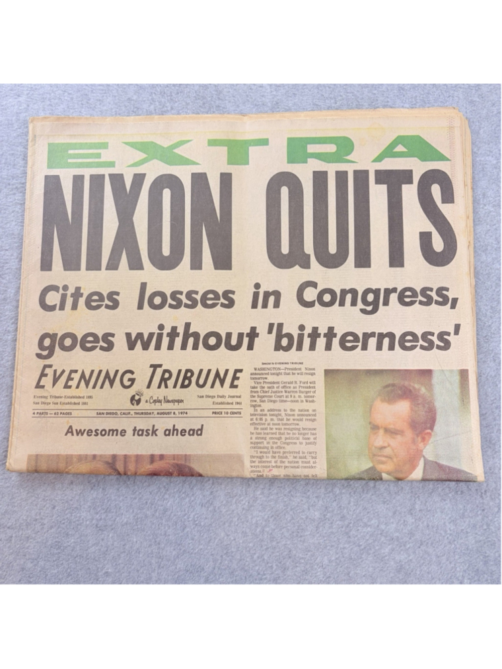 Evening Tribune NIXON QUITS Watergate Resignation Newspaper Aug 8 1974